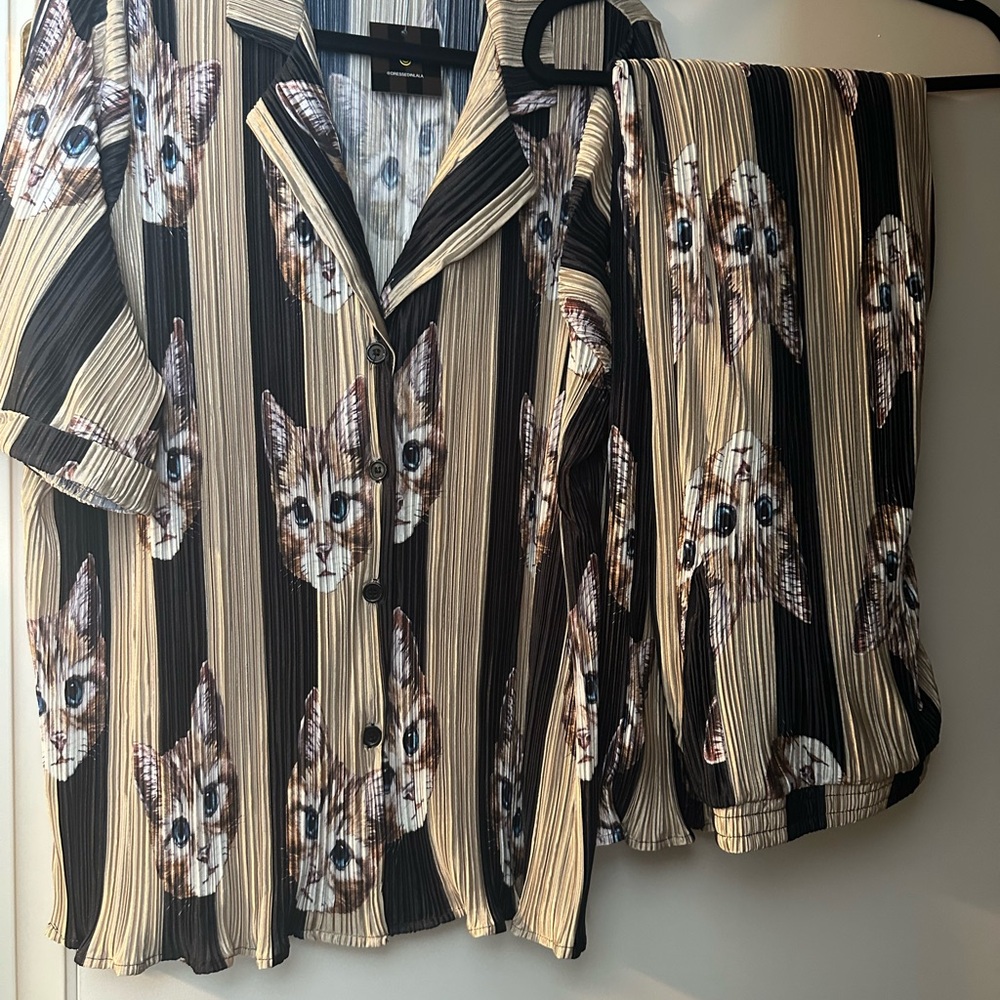 Dressed in LALA Cat Print Striped Jumpsuit - Black and Tan